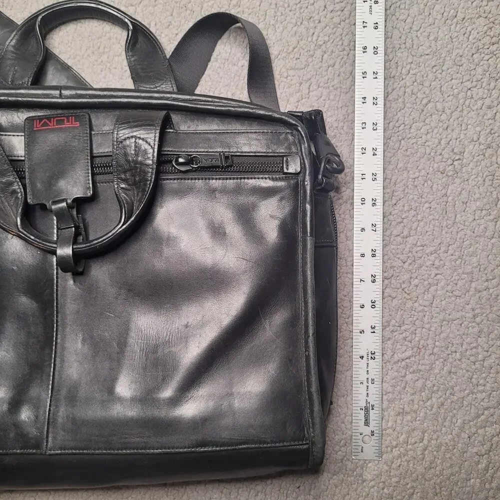 Tumi Two Way Laptop Briefcase Bag Black Leather Adjustable Shoulder Strap Work
